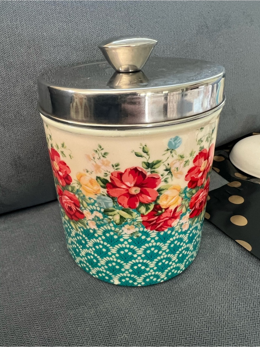 The Pioneer Woman Floral Ceramic Canister in Teal and Red